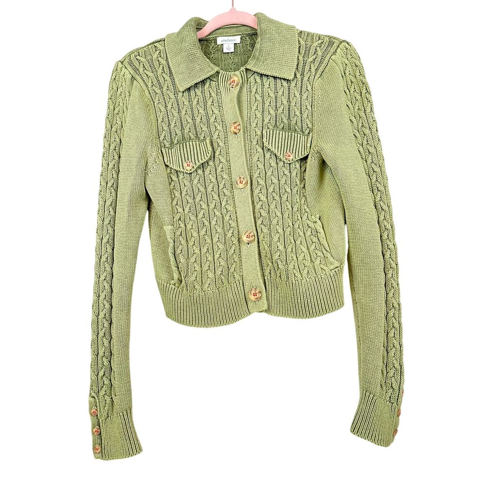 Sundance Womens S Green Cable Knit Button Up Cotton Retro Cozy Cardigan Sweater